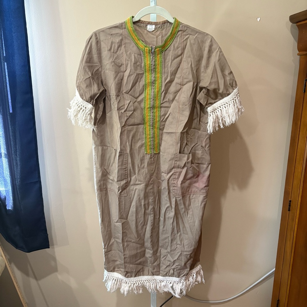 vintage Fringe Day Dress in Tan with Green Accents S